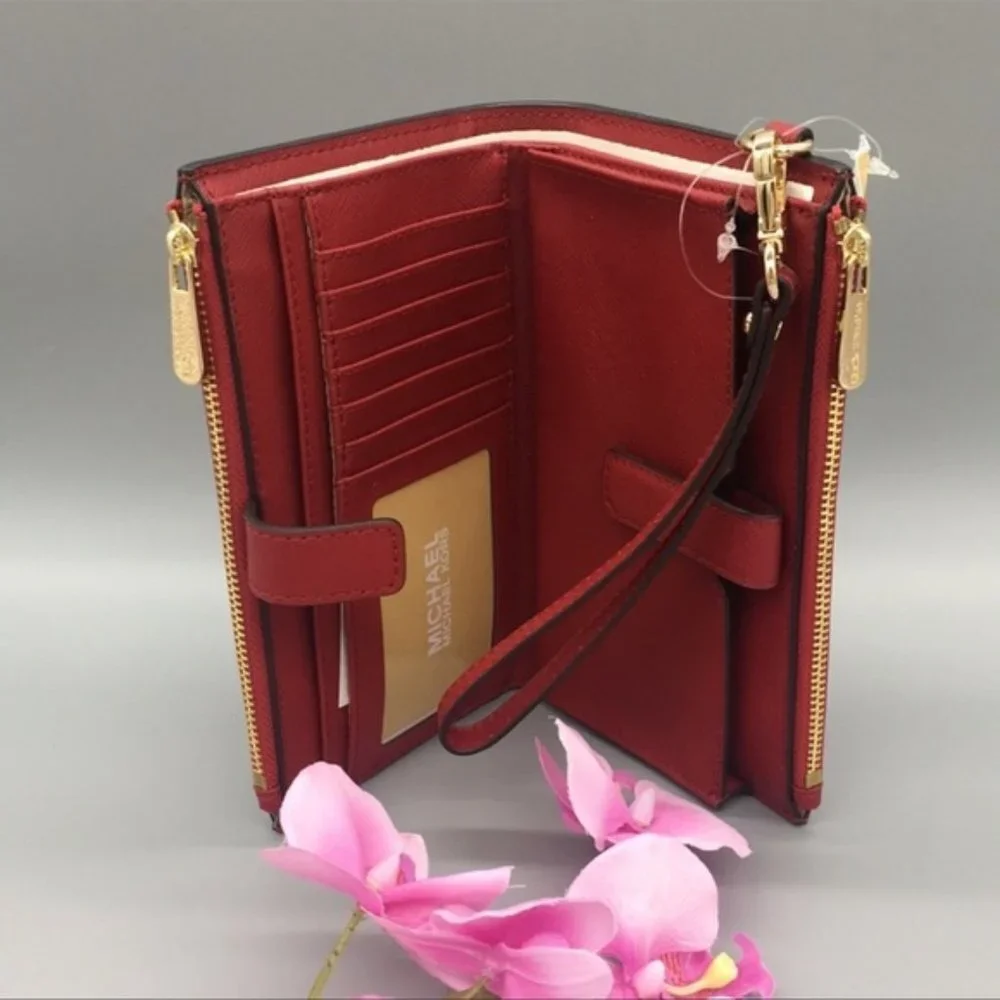 Michael Kors Large Double Zip Wristlet Leather Flame Color